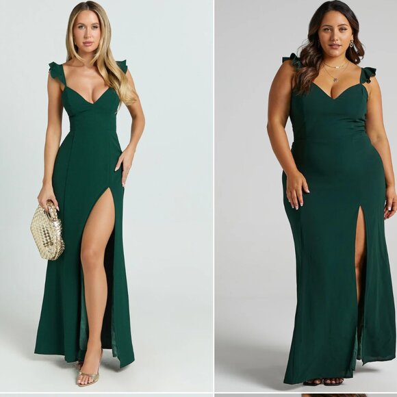 More Than This Maxi Dress Ruffle Strap Thigh Split Dress in Emerald  Showpo - Picture 1 of 5